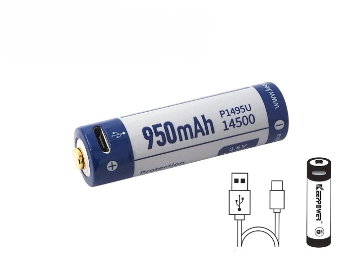 Keeppower 14500 - 950mAh Li-Ionen 3,7V - 3,6V mit USB Lademöglichkeit und PCB P1495U
