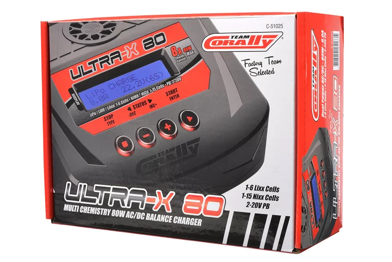 Team Corally Ultra-X 80 AC/DC Balance-Ladegerät 80W 1–6S Lixx 1–15 Nixx 2–20V