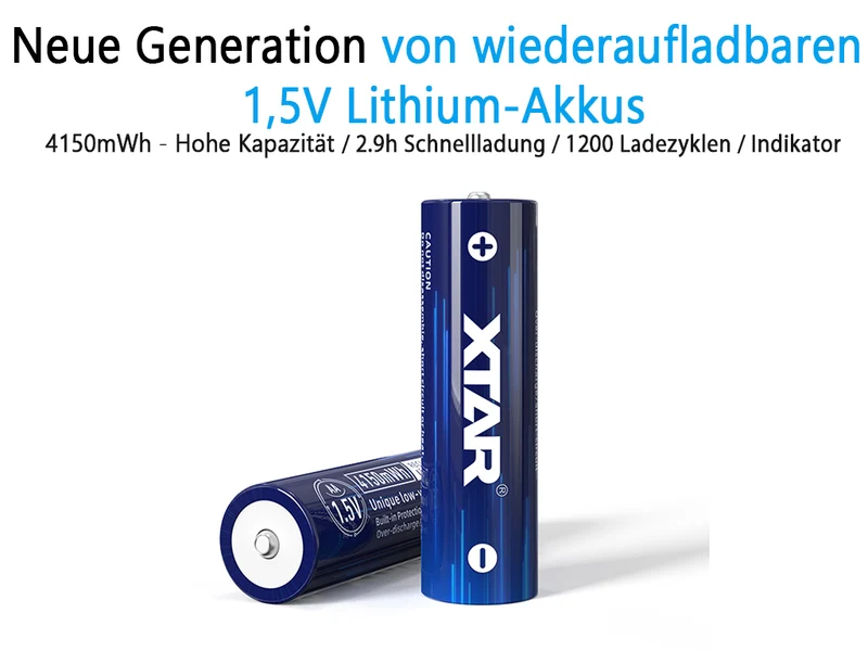 XTAR AA 1,5V 4150mWh (ca. 2500mAh) Lithium Ionen Akku (Wiederaufladbar) mit *Indikator