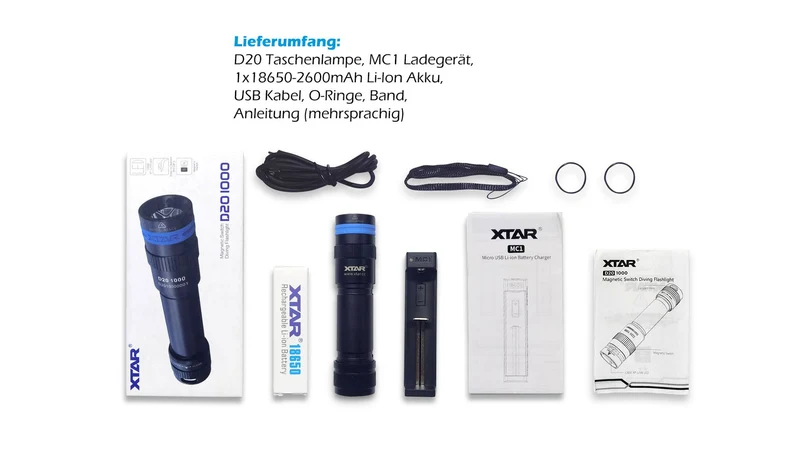 Xtar Tauchlampe D20 1000 Diving SET mit Akku und Ladegerät