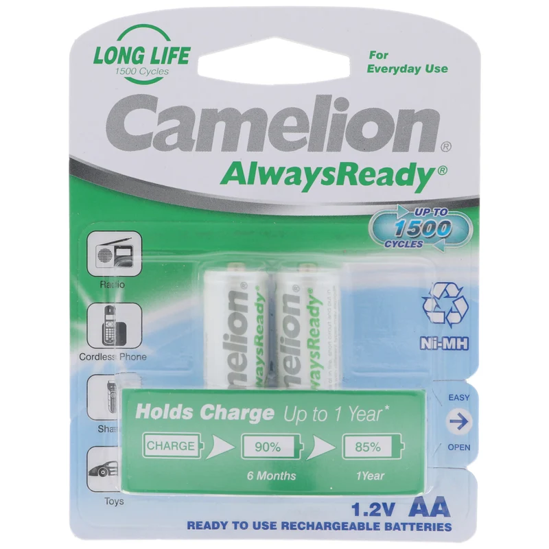 Camelion AA, Mignon LR6, HR6, NiMH Akku mit 1,2V 800mAh in 2er Blisterverpackung, Always Ready mit geringer Selbstentladung, Ready to Use Akku