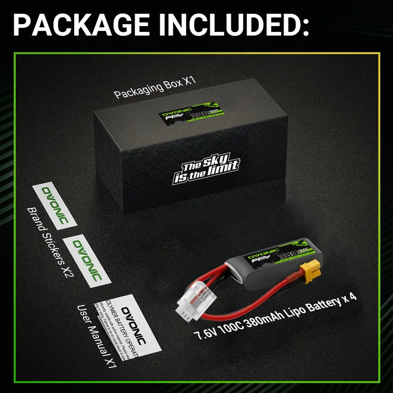 OVONIC FPV 2S 380mAh Lipo Akku 2S1P 100C 7,4V LiPo Akku mit XT30 Stecker (4 Stück)