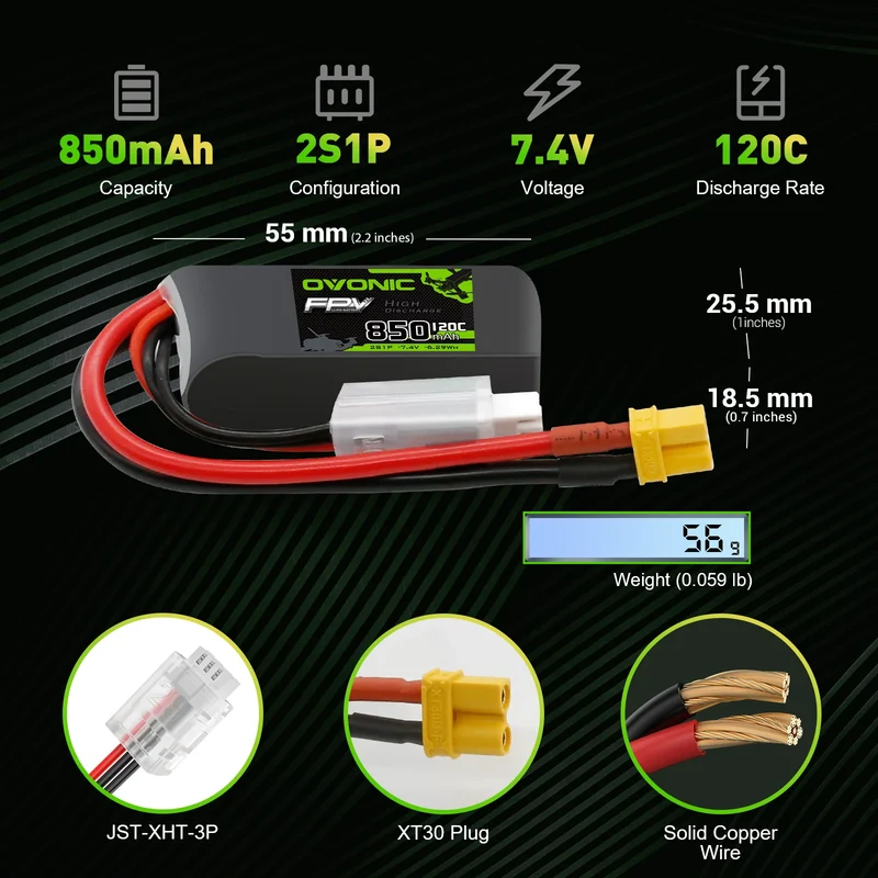 OVONIC FPV 2S 850mAh Lipo Akku 2S1P 120C 7,4V LiPo Akku mit XT30 (2 Stück)