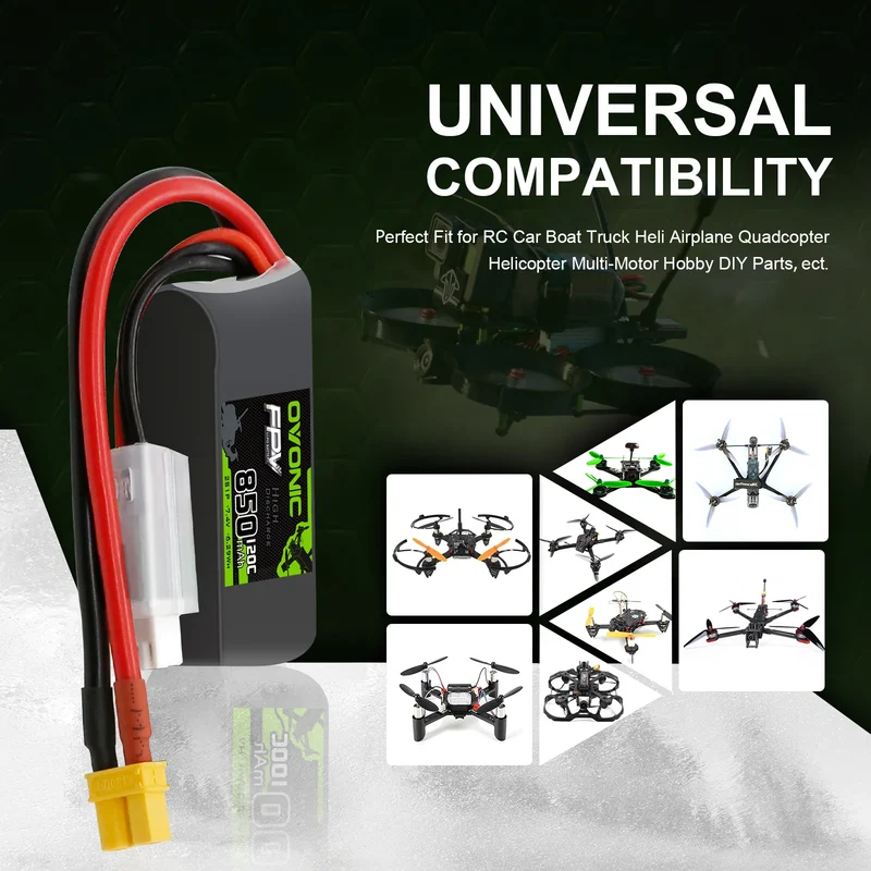 OVONIC FPV 2S 850mAh Lipo Akku 2S1P 120C 7,4V LiPo Akku mit XT30 (2 Stück)
