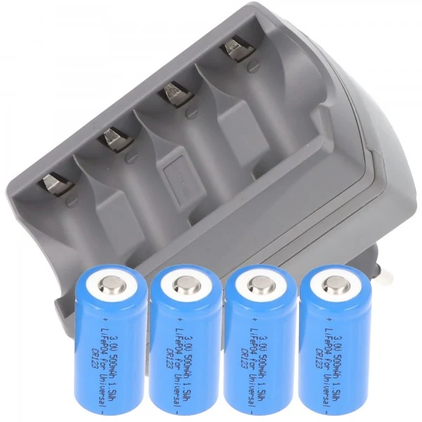 AccuCell CR123 Ladegerät für 4x CR123A, CR123R ohne Akkus, vierfach Ladegerät CR123 (nicht geeignet für Überwachungskamera)