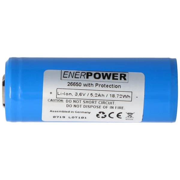 Enerpower 26650 3,7V 5200mAh Pluspol erhöht PCB geschützt Li-Ion Akku