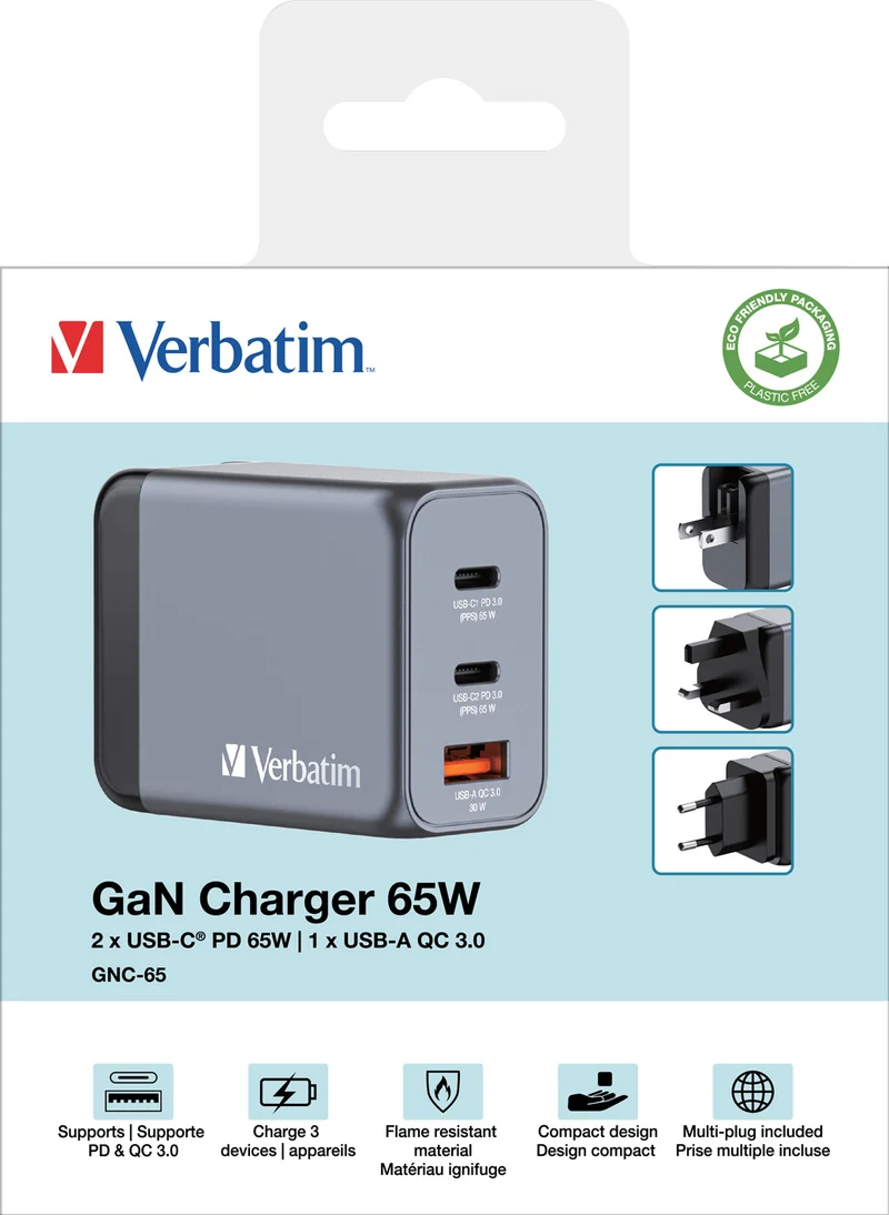 Verbatim Ladeadapter, Universal, GNC-65, GaN, 65W, grau 1x USB-A QC, 2x USB-C PD, Retail