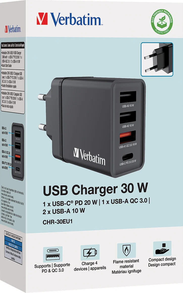 Verbatim Ladeadapter, CHR-30EU1, 30W, GaN, schwarz 2x USB-A, 1x USB-A QC, 1x USB-C PD, Retail