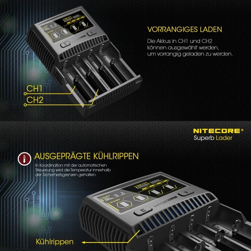 Nitecore SC4 Schnell-Ladegerät passend für fast alle Li-Ion, NiMH und LiFEPO4 Akku