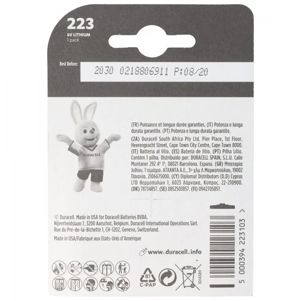 Duracell Photobatterie CR-P2 CRP2 Ultra DL223 Lithium 6V, 1400mAh im 1er Blister