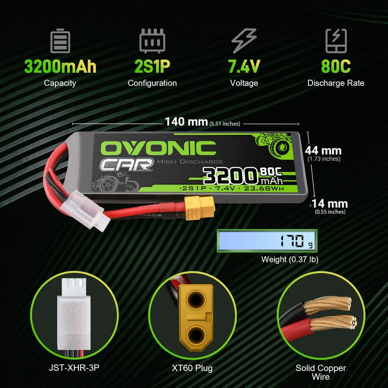 OVONIC Car 2S 3200mAh 80C 7,4V LiPo-Akku mit XT60 + TRA-Stecker für RC-Auto-LKW-Boot (2 St.)