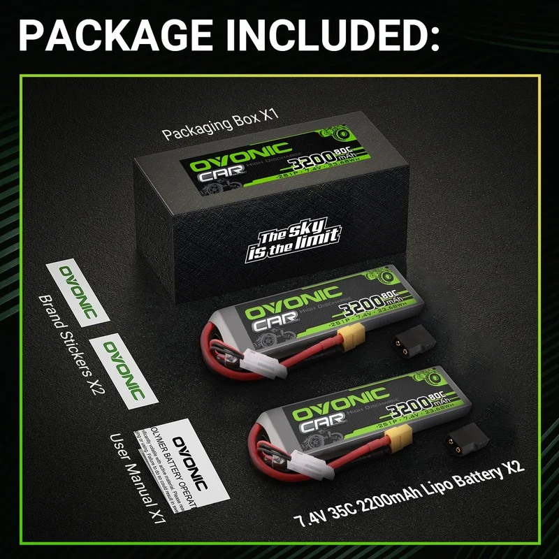 OVONIC Car 2S 3200mAh 80C 7,4V LiPo-Akku mit XT60 + TRA-Stecker für RC-Auto-LKW-Boot (2 St.)
