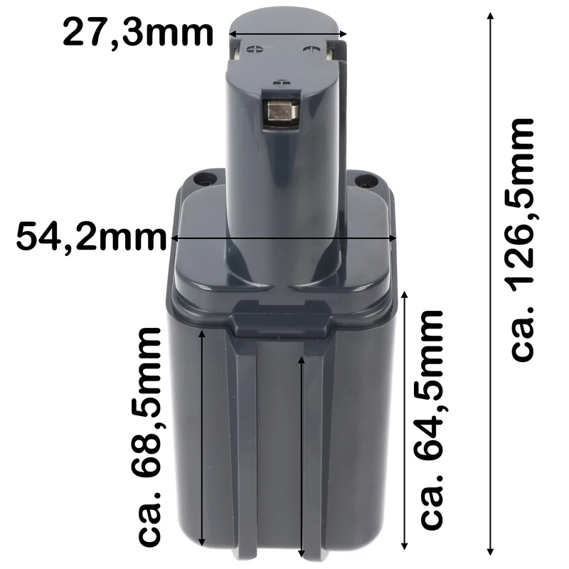 AccuCell Akku passend für Bosch 2607300002 9,6 Volt 2Ah schmal Abmessungen 126x70x54mm und Bilder exakt vergleichen