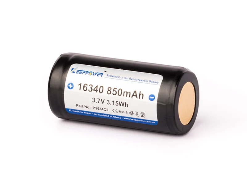 Keeppower 16340 - 850mAh 3,6V - 3,7V (Pluspol erhöht) Li-Ion-Akku P1634C2