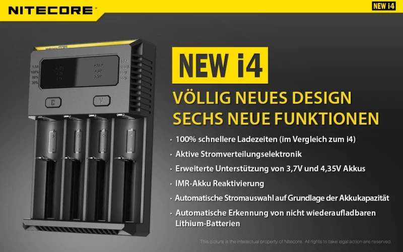 Nitecore Ladegerät Intellicharge NEW i4 mit 4 Ladeschächten NC-i4
