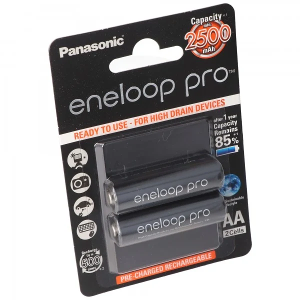 Panasonic eneloop Pro Mignon Akku BK-3HCDE/2BE NiMH 1,2Volt max. 2550mAh, 2er Blisterkarte