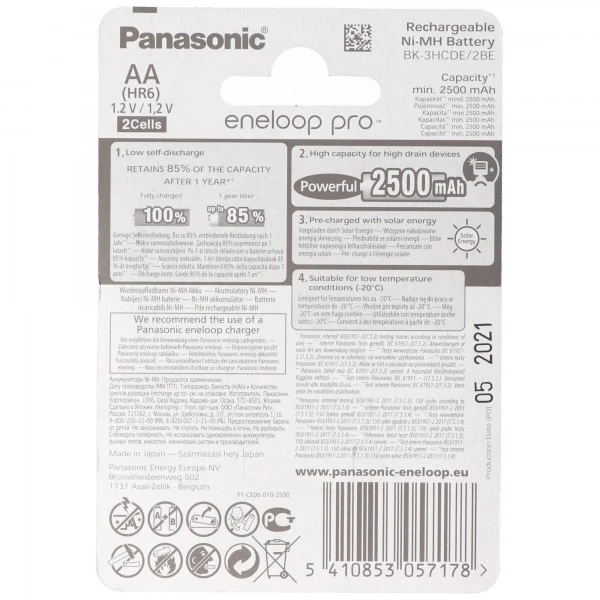 Panasonic eneloop Pro Mignon Akku BK-3HCDE/2BE NiMH 1,2Volt max. 2550mAh, 2er Blisterkarte