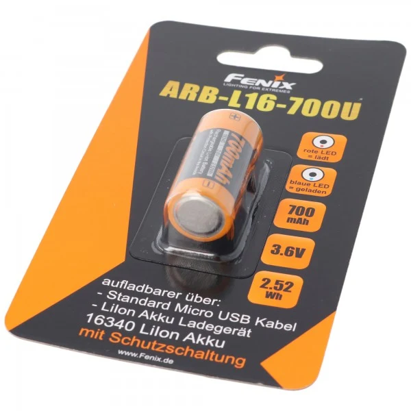 Fenix CR123 A Li-Ion Akku mit integrierter USB-Ladefunktion 3,6 Volt mit 700mAh und AccuCell Akkubox (kein extra Ladegerät notwendig)