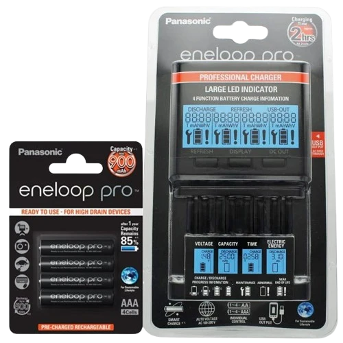 Panasonic eneloop Ladegerät BQ-CC65 inkl. LCD-Display, 4 eneloop Pro AAA Micro, AccuCell Box Blue