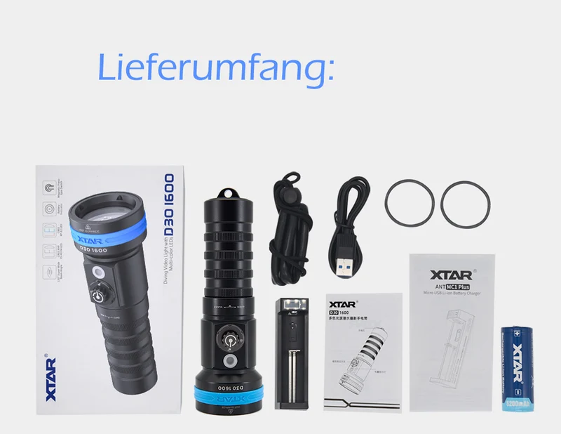 Xtar Tauchlampe D30-1600 SET mit Ladegerät und 1x 26650 Li-Ion Akku