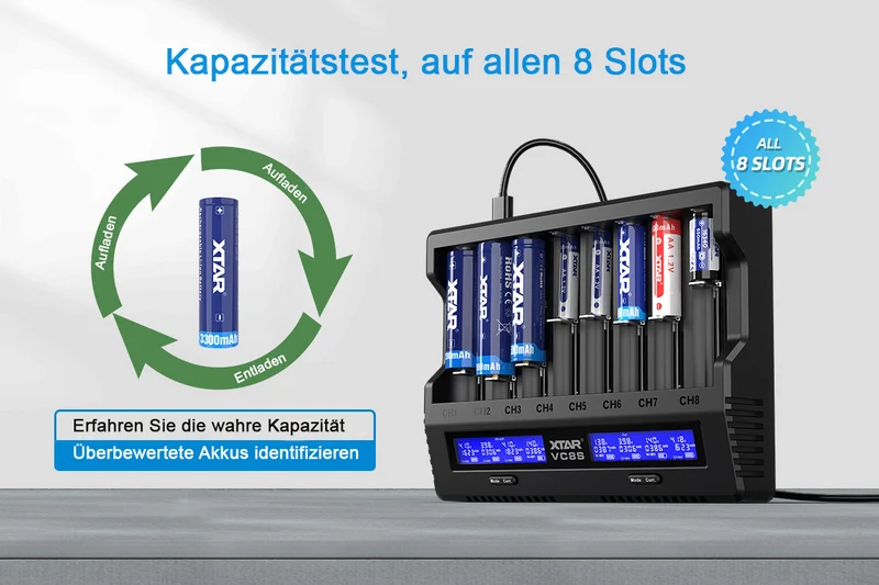 Xtar VC8S - Analyse-Ladegerät für Li-Ion 3,6V - 3,7V und NIMH 1,2V Akkus