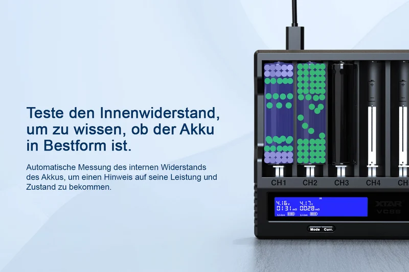 Xtar VC8S - Analyse-Ladegerät für Li-Ion 3,6V - 3,7V und NIMH 1,2V Akkus
