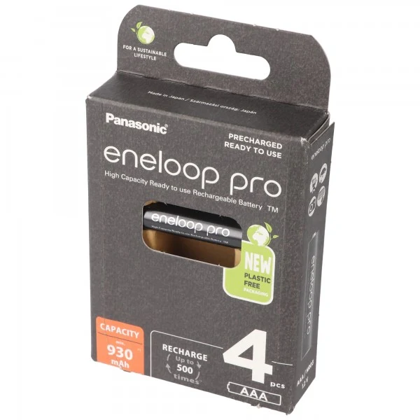 Panasonic eneloop pro, vorgeladen, Retail Blister (4-Pack) BK-4HCDE/4BE Akku NiMH, Micro, AAA, HR03, 1.2V und 930mAh 5410853064244