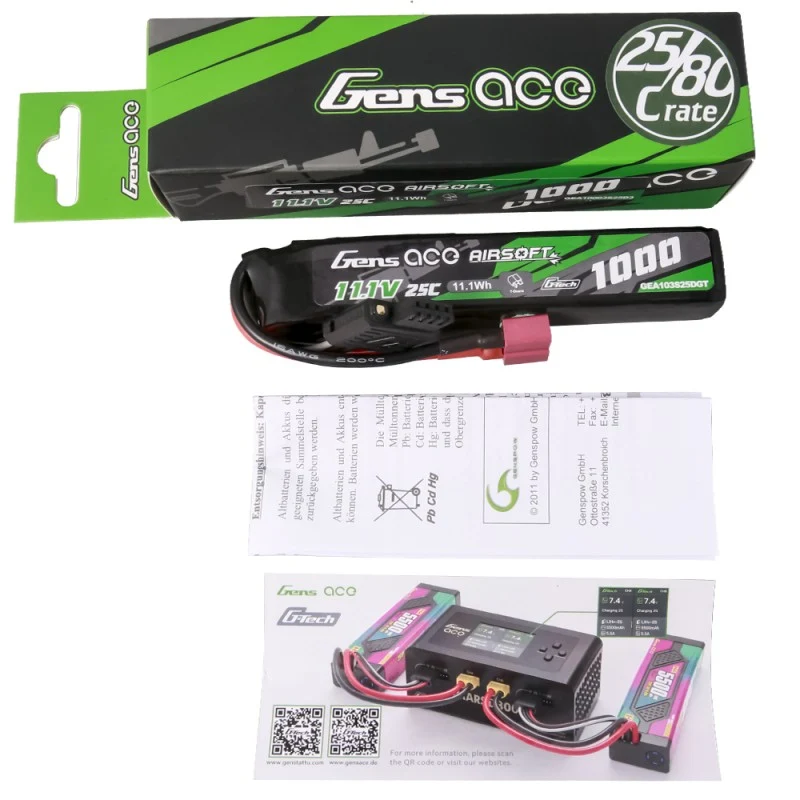 Gens ace G-Tech 25C 1000 mAh 3S1P 11,1 V Airsoft Lipo Akku mit T-Stecker