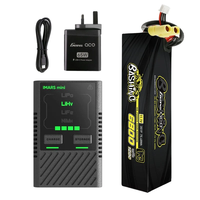 Gens ace 6800 mAh 11,1 V 120 C 3S1P Lipo + IMARS mini G-Tech USB-C 2-4S 60 W RC-Akkuladegerät mit Netzteil und Adapterkabel – EU-Paket