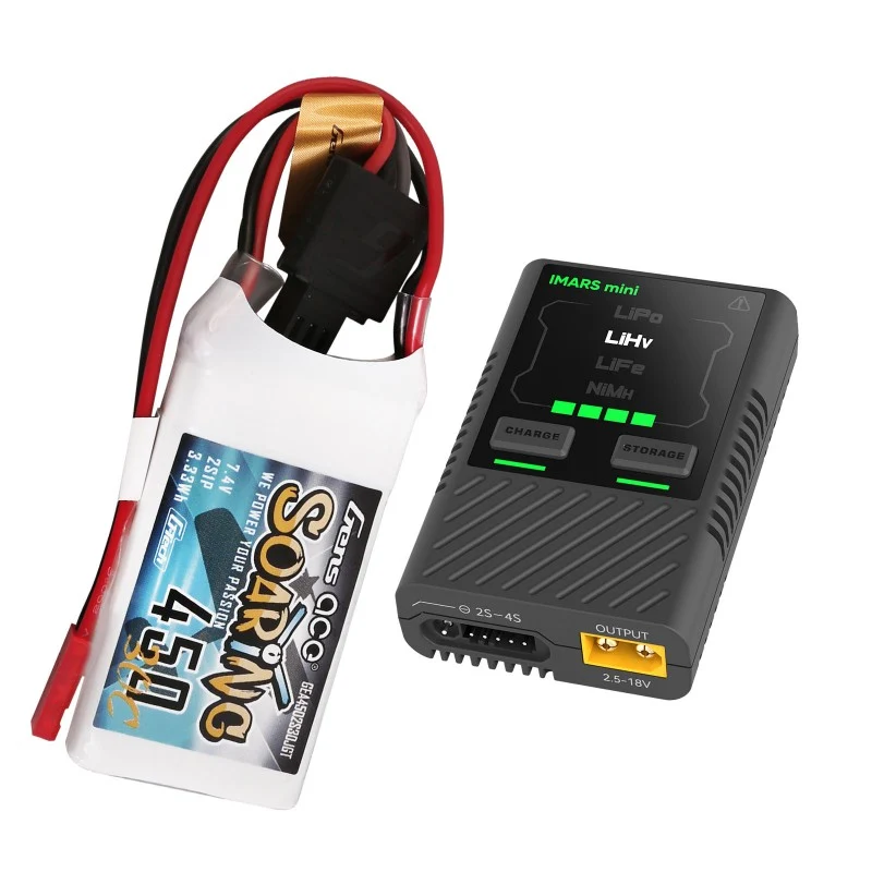 Gens Ace G-Tech Soaring 2S 450mAh 7,4V 30C 2S1P Lipo + IMARS mini G-Tech USB-C 2-4S 60 W RC-Akkuladegerät im Paket