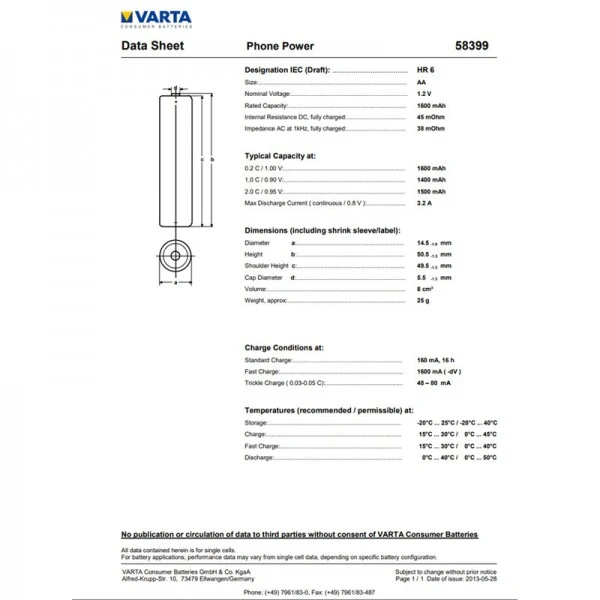 Varta Akku passend für Siemens Gigaset 3015 Comfort, AA NiMH Akku 1600mAh