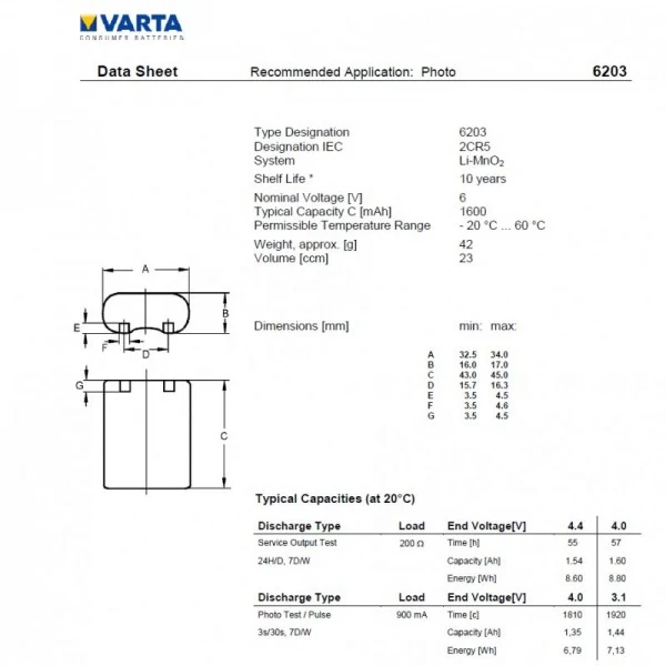 Varta 2CR5 Photo-Lithium Batterie 6203