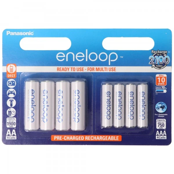 Panasonic eneloop Standard (ehem. Sanyo eneloop Standard) Kombipack inkl. 4x Mignon AA und 4x Micro AAA 1,2V Akkus im Blister