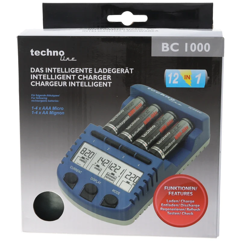 Technoline BC 1000 Akku-Ladegerät blau mit Panasonic eneloop Standard AA Mignon Akkus HR-3UTGB und AccuCell Akkubox
