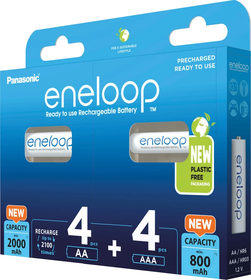 Panasonic Akku NiMH, Mignon, AA, 2000mAh/Micro, AAA, 800mAh Kombipack (4+4), Pre-charged, Retail-Blister (8-Pack)