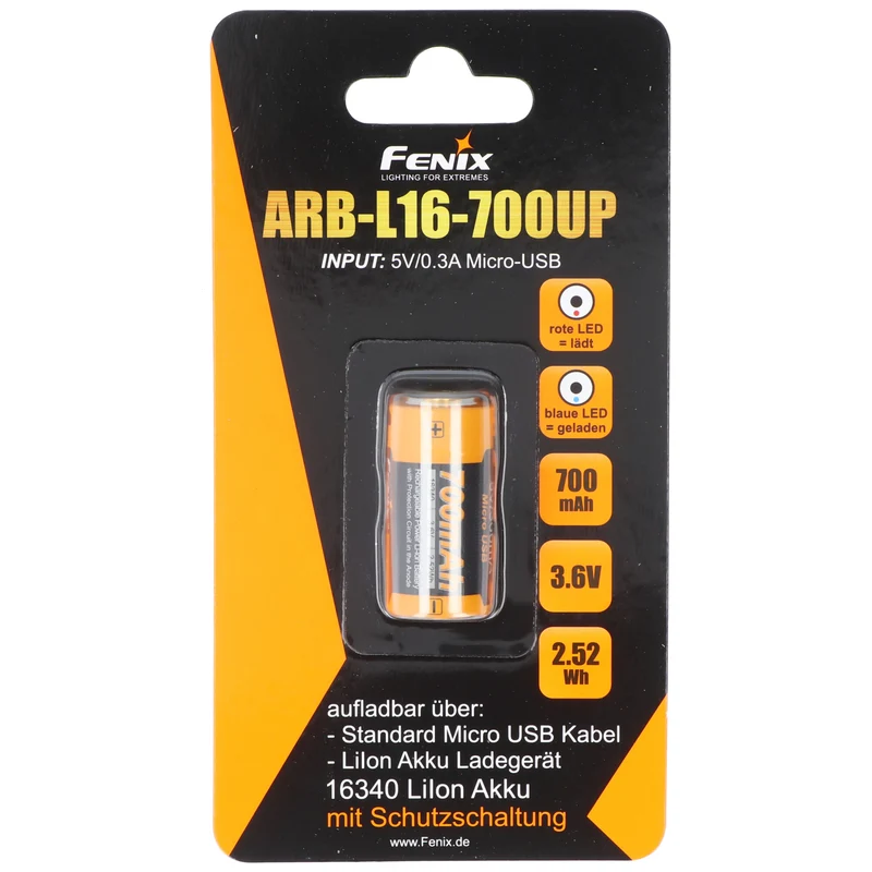Fenix ARB-L16-700UP geschützter 16340 RC123A für PD25 PD22UE micro USB Li-Ion Akku