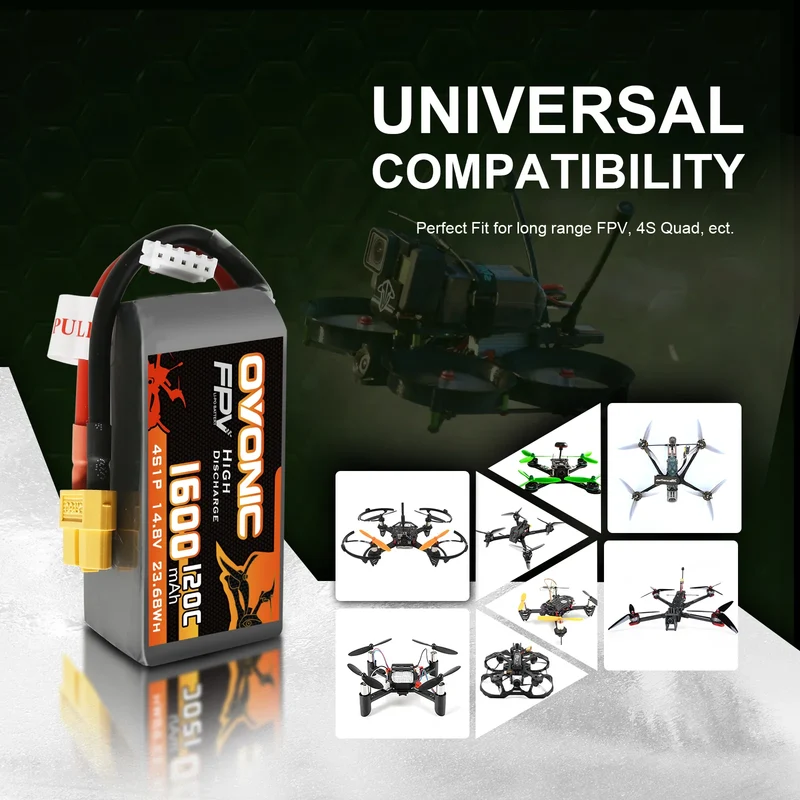 Ovonic FPV 4S 1600mAh 120C 14,8V FPV Racing XT60 LiPo Akku (2 Stück)