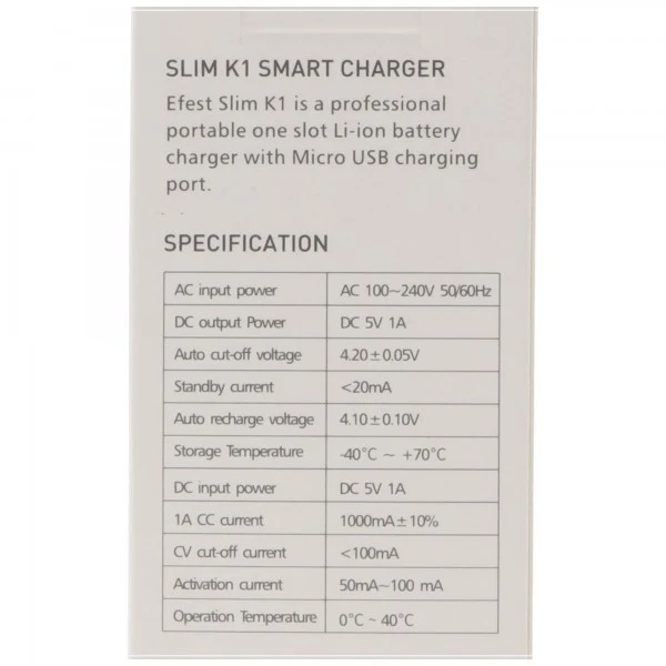 Efest Schnell-Ladegerät SLIM K1 lädt max. Länge 72mm