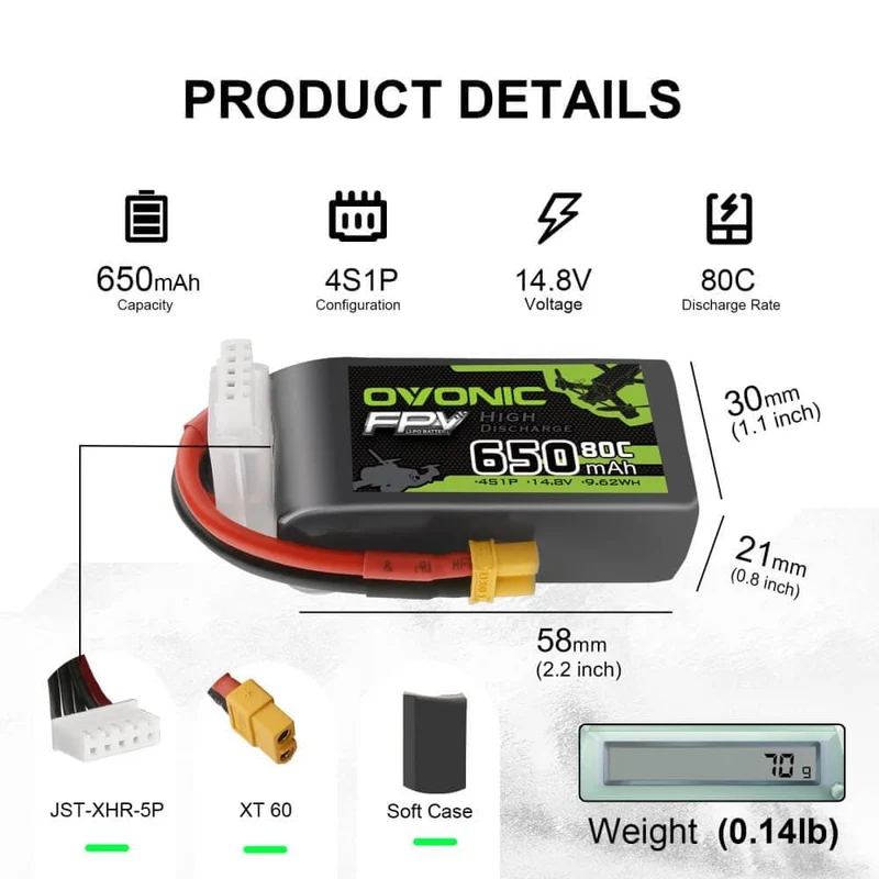 Ovonic FPV 4S 650mah 14,8V 80C XT30 Lipo Akku (2 Stück)