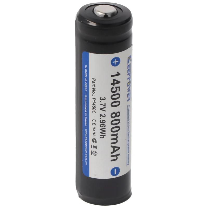 Keeppower 14500 mit 800mAh, 3,7V Li-Ion-Akku geschützt, 52 x 14,3mm Abmessungen