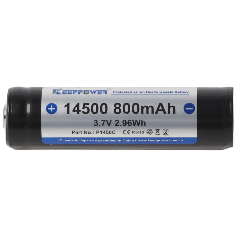 Keeppower 14500 mit 800mAh, 3,7V Li-Ion-Akku geschützt, 52 x 14,3mm Abmessungen