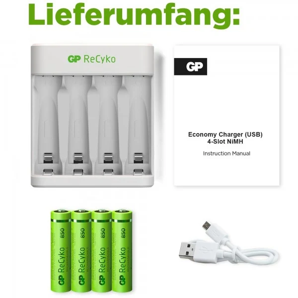 GP ReCyko Batteries USB-Ladegerät GP E411 inkl. 4x 1,2V AAA Micro 1,2V 850mAh Akkus