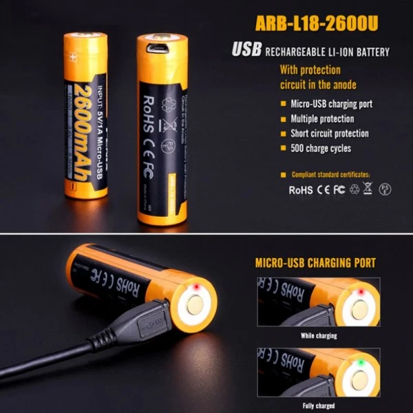 Fenix Li-Ion Akku 18650 3,7V 2600mAh mehrfach geschützt USB Ladefunktion mit AccuCell AccuSafe