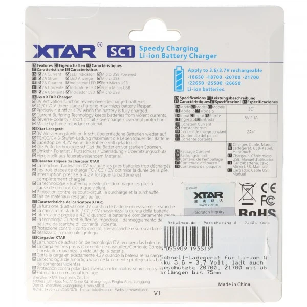 XTAR Schnell-Ladegerät für Li-Ion Akku 3,6 - 3,7V 20700, 21700 bis 75mm