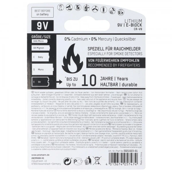 Ansmann Lithium Batterie für Rauchmelder 9V E-Block speziell für Rauchwarnmelder