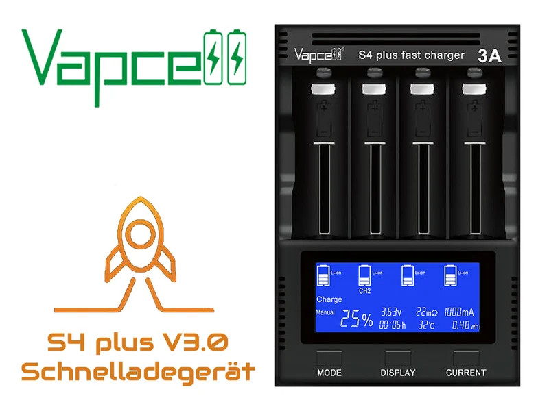 Vapcell S4 plus V3.0 professionelles Universal-Analyse-Ladegerät für Li-Ion, NIMH, NiCd Akkus