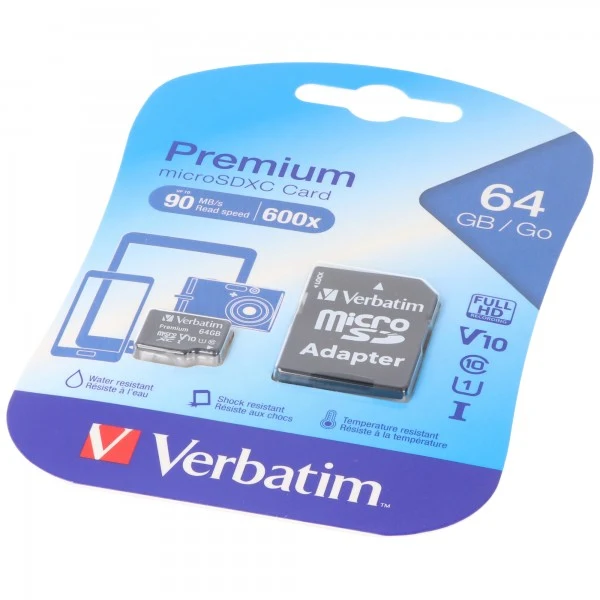 Verbatim microSDXC Card 64GB, Premium, Class 10, U1 (R) 90MB/s, (W) 10MB/s, SD Adapter, Retail-Blister