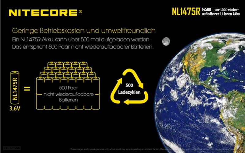 NiteCore 14500 - 750mAh, Li-Ionen 3,7V - 3,6V - PCB geschützt mit USB Lademöglichkeit NL1475R