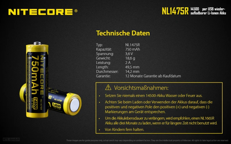 NiteCore 14500 - 750mAh, Li-Ionen 3,7V - 3,6V - PCB geschützt mit USB Lademöglichkeit NL1475R