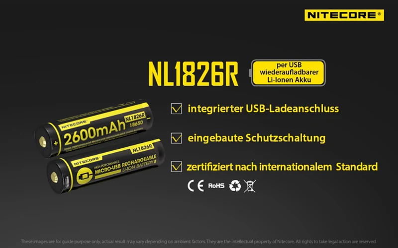 NiteCore 18650 - 2600mAh, Li-Ionen 3,7V - 3,6V - PCB geschützt mit USB Lademöglichkeit NL1826R